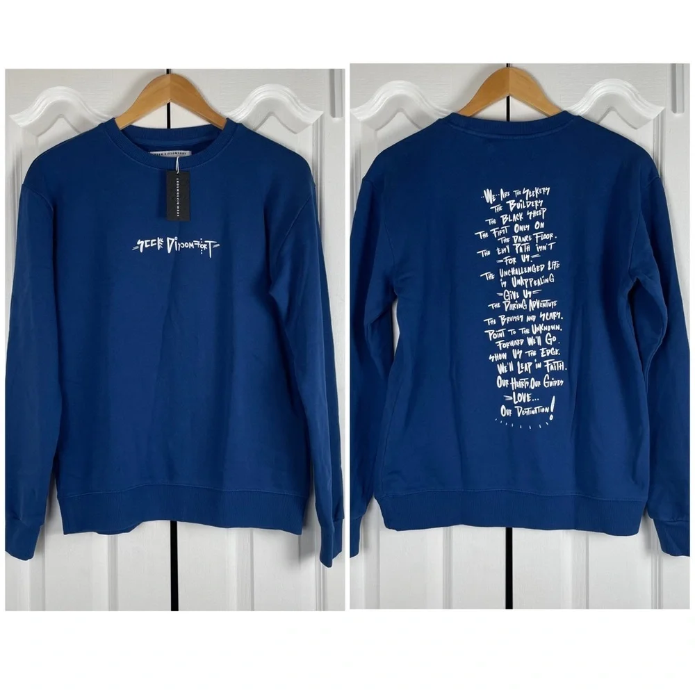 Seek Discomfort Essential Crewneck Sweater Sweatshirt Men’s XS Blue Motivational